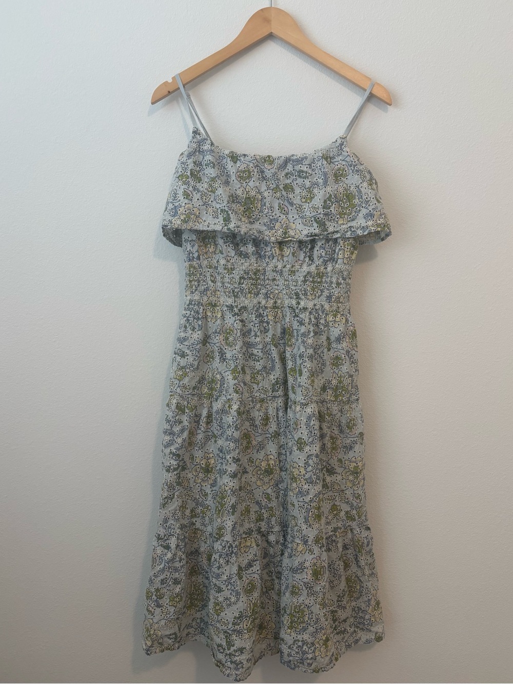 Elan Blue Floral Smocked Ruffle Midi Dress – Size M